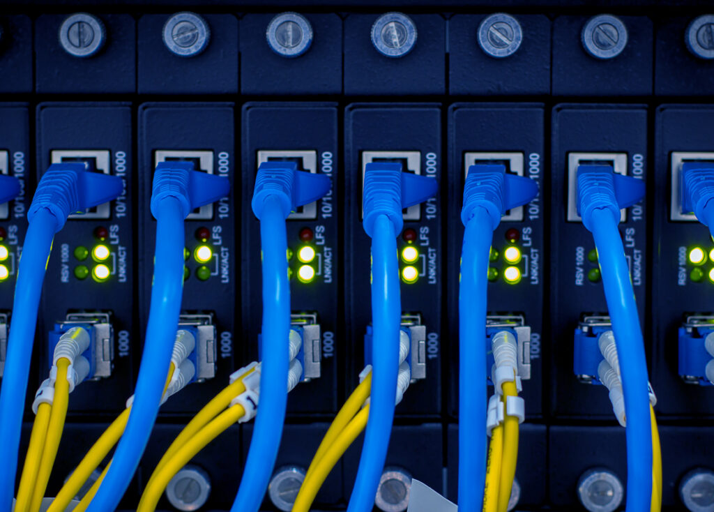 Row of blue ethernet cords plugged into ports